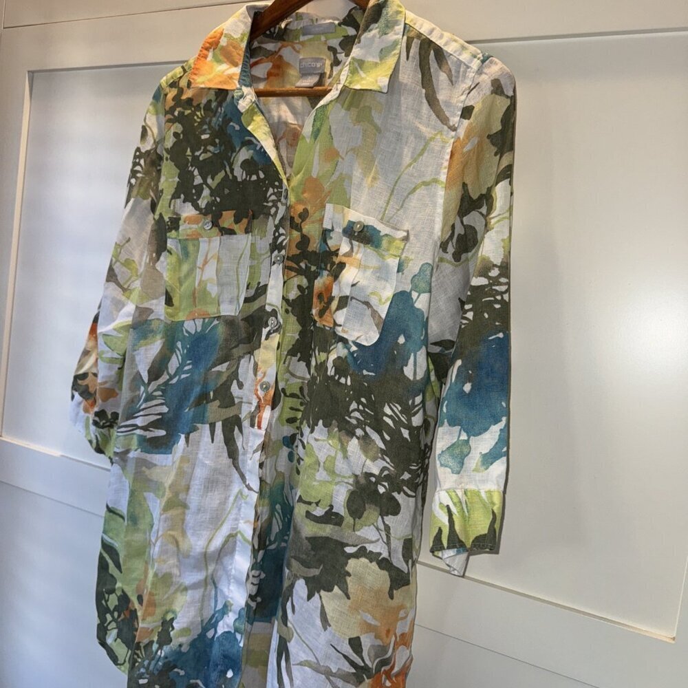 Chico's No-Iron Linen Floral Paradise Shirt Size: 2 US Size 12 - Picture 8 of 16